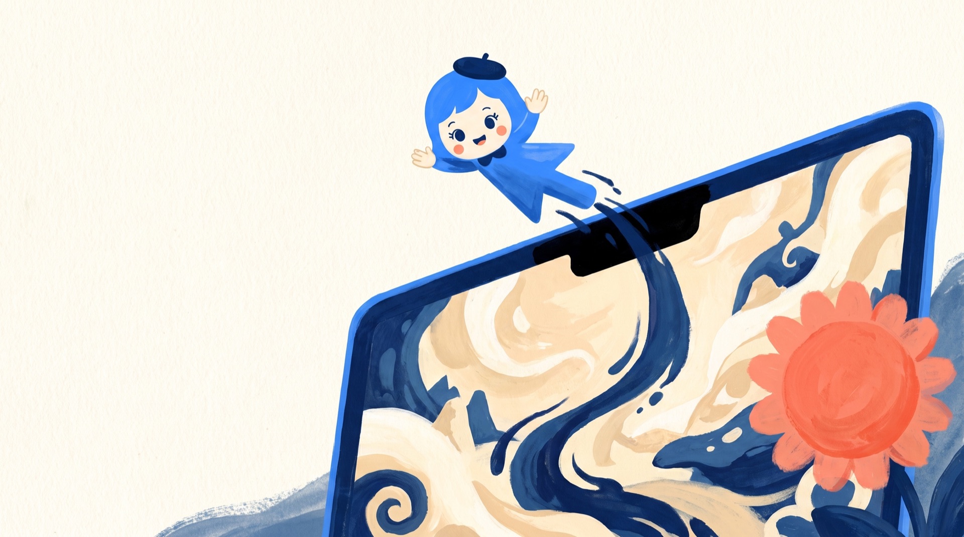 Peinture à la gouache : Clélia, la petite mascotte bleue en forme de curseur, plonge depuis l'encoche d'un Mac géant dont l'écran est un paysage peint